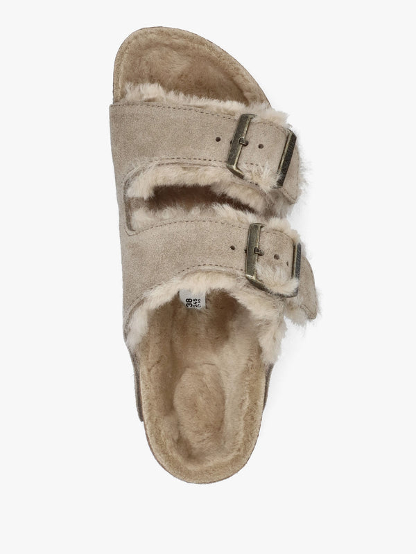 Arizona Shearling Taupe Suede Two Bar Mules