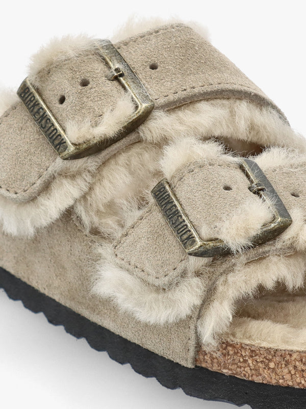 Arizona Shearling Taupe Suede Two Bar Mules