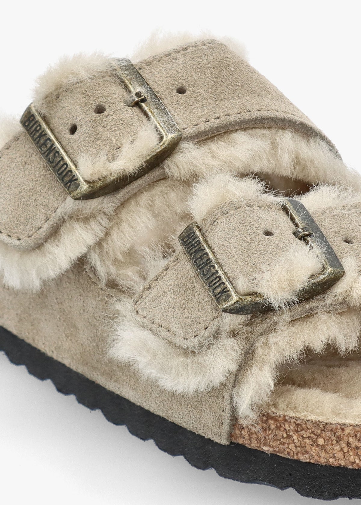 Arizona Shearling Taupe Suede Two Bar Mules