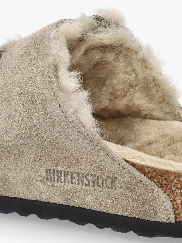 Arizona Shearling Taupe Suede Two Bar Mules