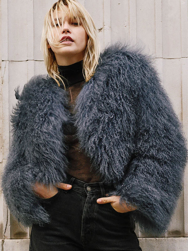 Minnie Blue Mongolian Lambswool Cropped Jacket