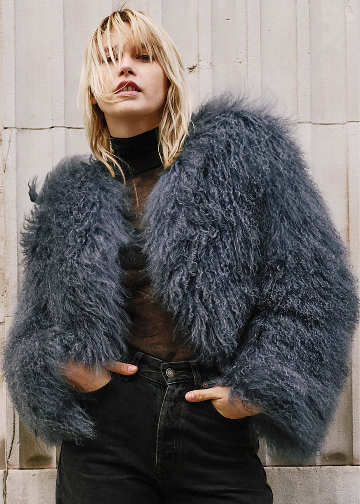 Minnie Blue Mongolian Lambswool Cropped Jacket