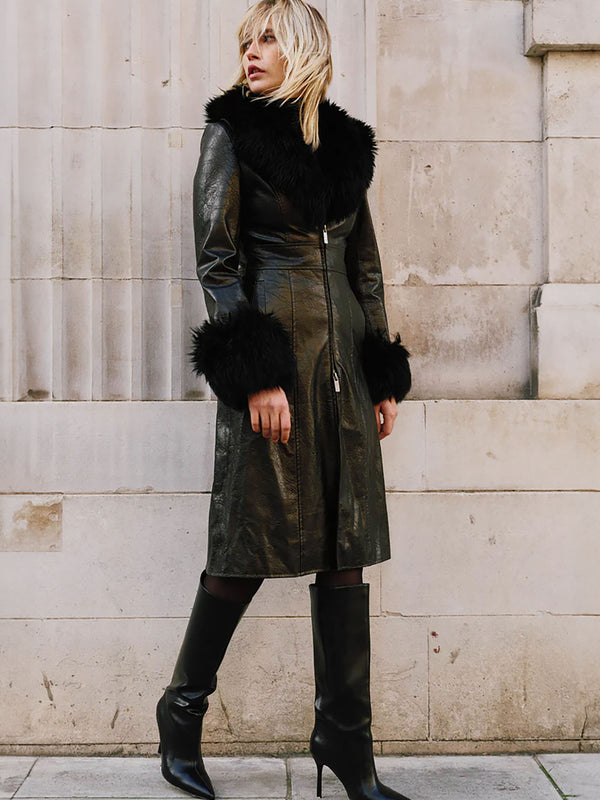 Pamela Black Shearling Trim Longline Coat
