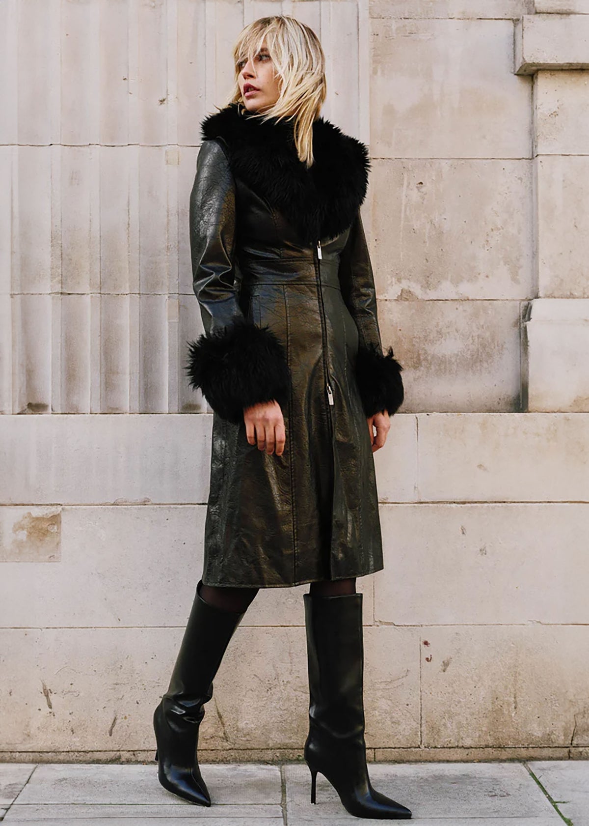 Pamela Black Shearling Trim Longline Coat