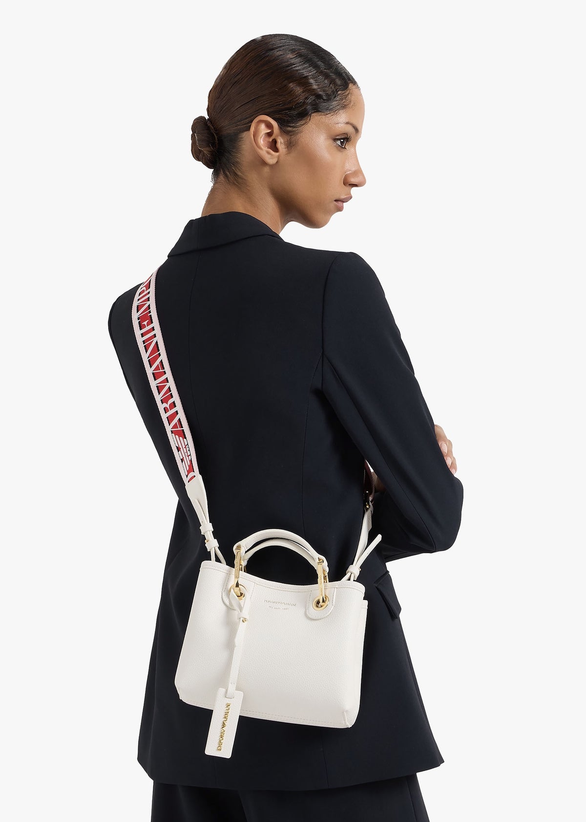 White Pebbled Logo Strap Tote Bag