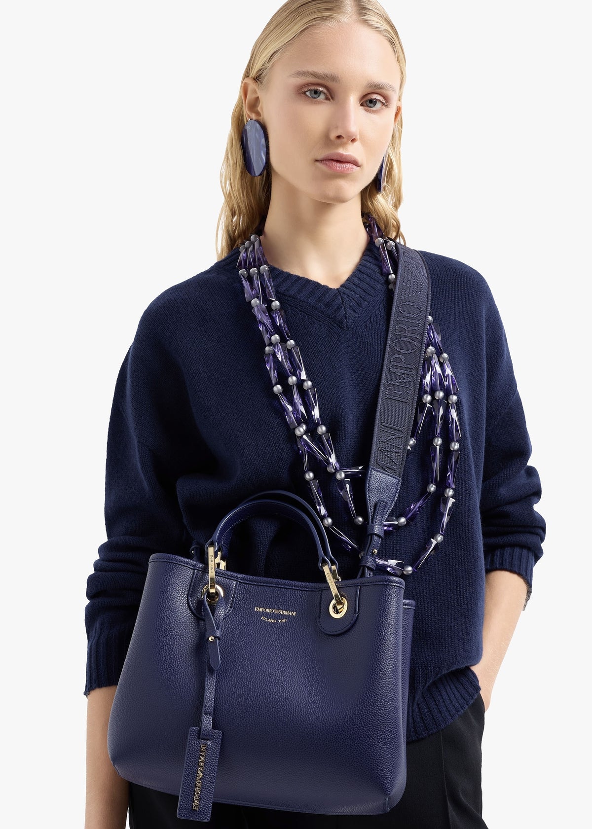 Navy Pebbled Shopper With Pouch