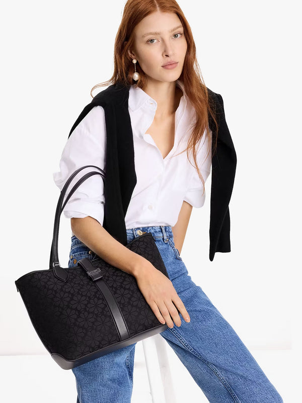 Medium Spade Flower Jacquard Black Open Tote Bag
