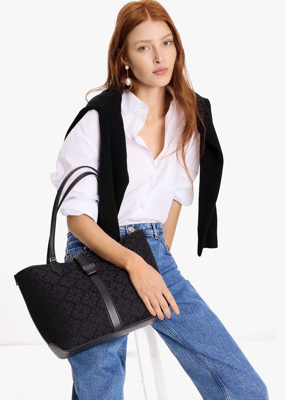 Medium Spade Flower Jacquard Black Open Tote Bag