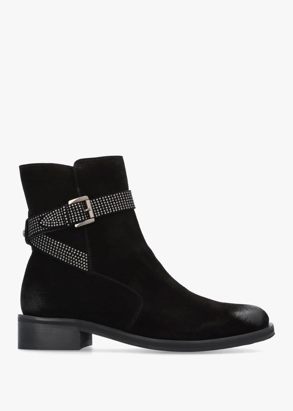 Panazol Black Suede Studded Strap Ankle Boots
