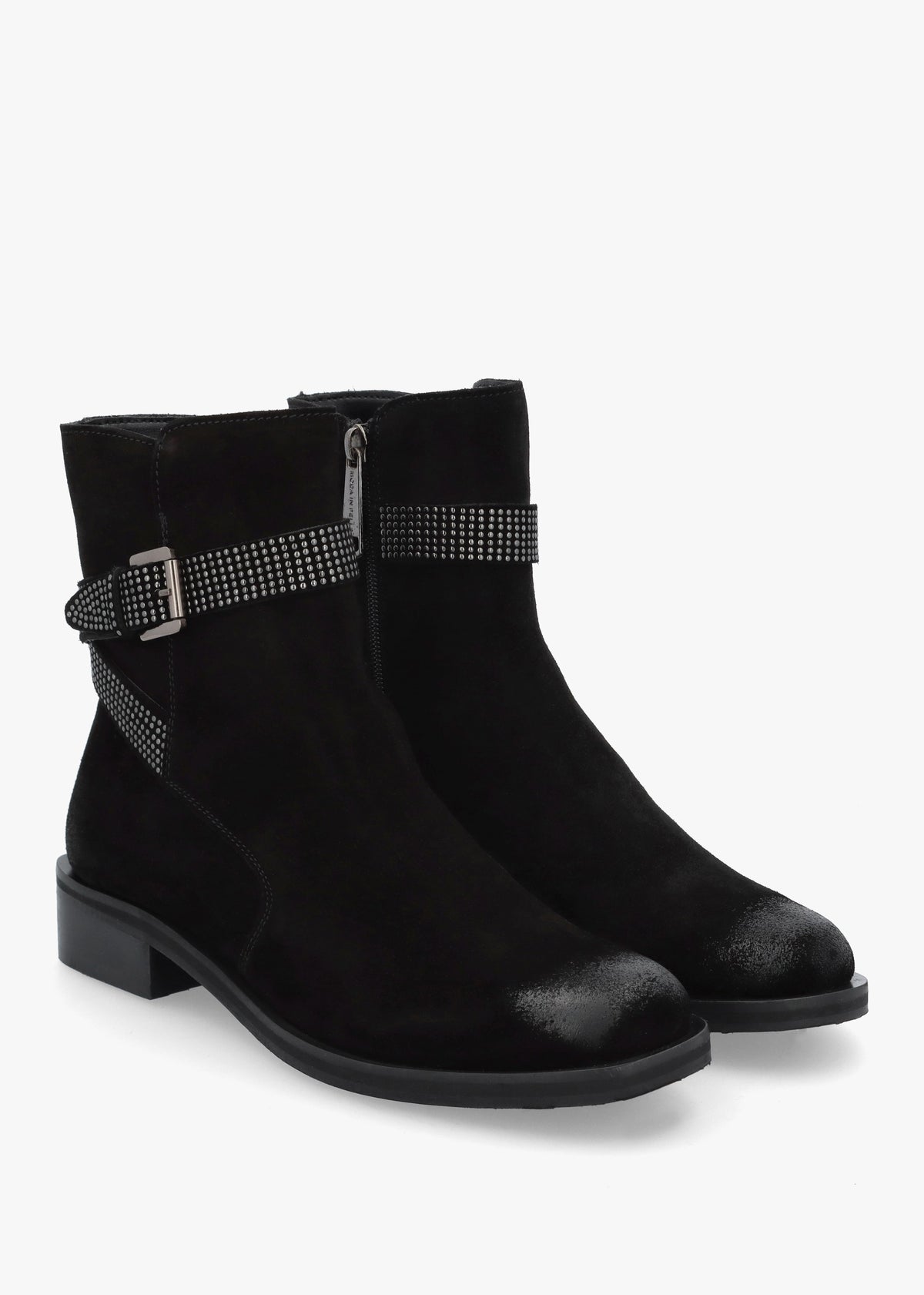 Panazol Black Suede Studded Strap Ankle Boots