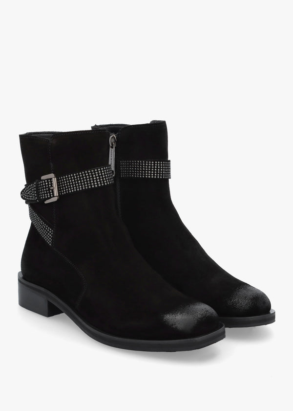 Panazol Black Suede Studded Strap Ankle Boots