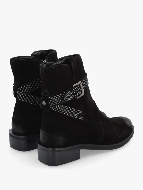 Panazol Black Suede Studded Strap Ankle Boots