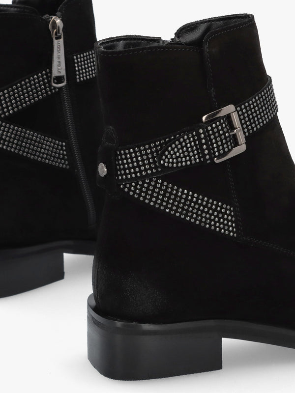 Panazol Black Suede Studded Strap Ankle Boots