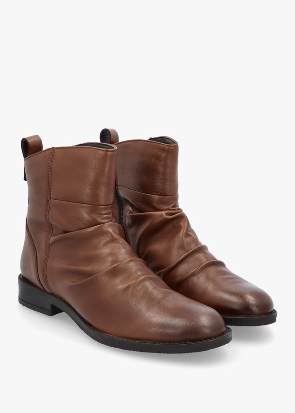 Brandish Tan Leather Rouched Ankle Boots