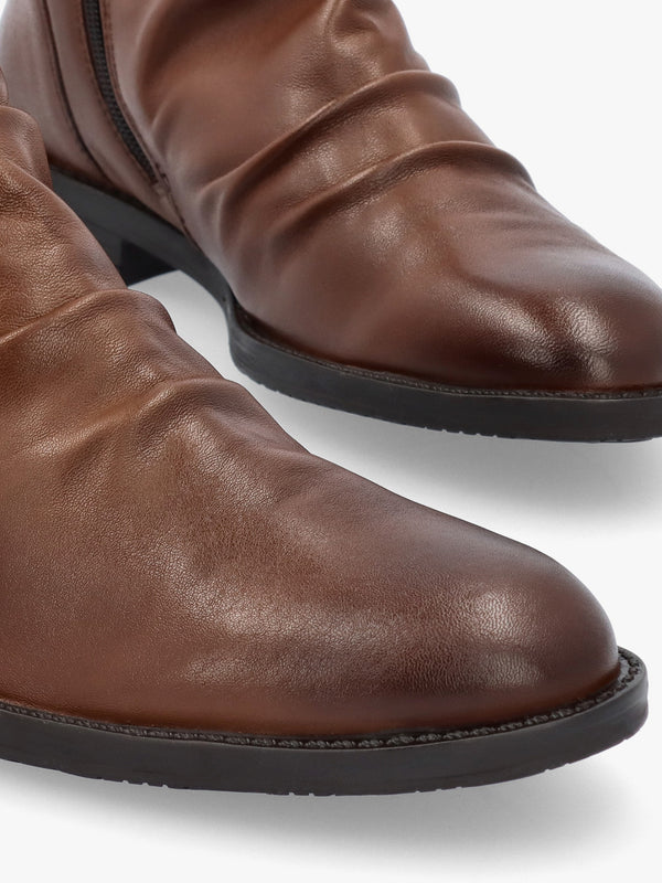 Brandish Tan Leather Rouched Ankle Boots