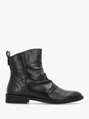 Brandish Black Leather Rouched Ankle Boots