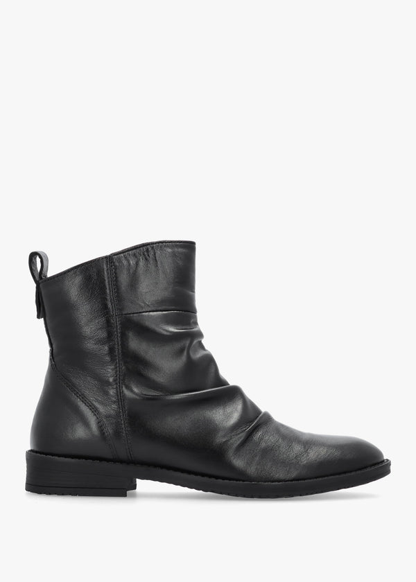 Brandish Black Leather Rouched Ankle Boots