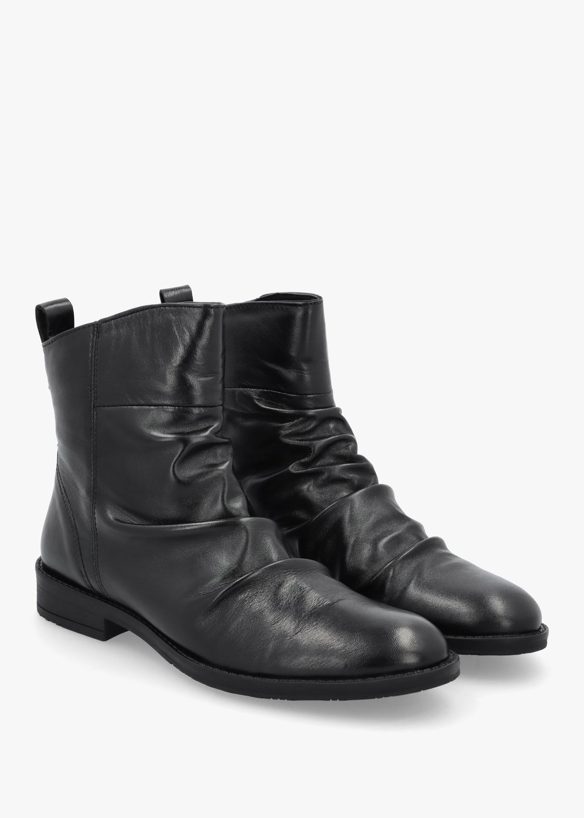 Brandish Black Leather Rouched Ankle Boots