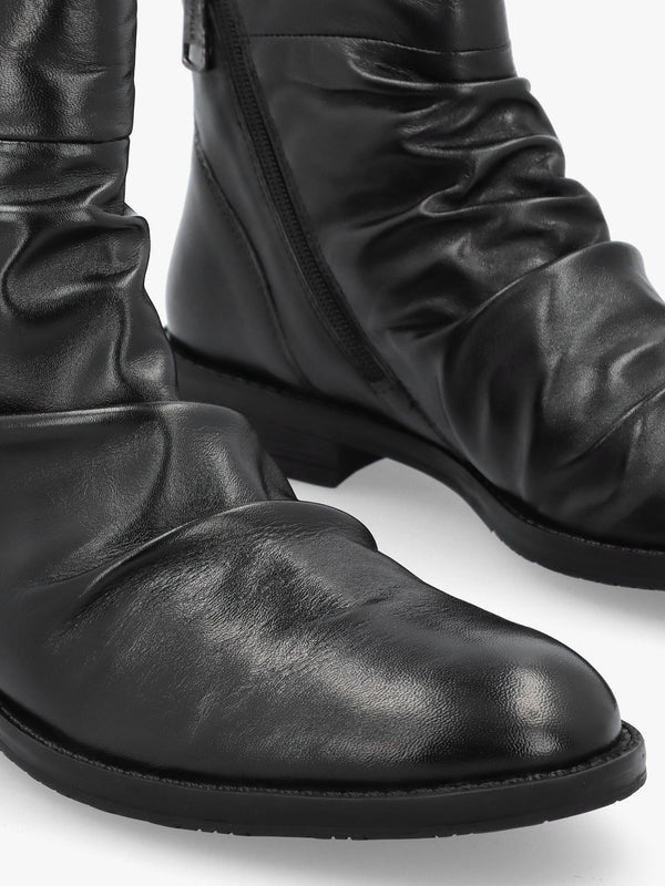 Brandish Black Leather Rouched Ankle Boots
