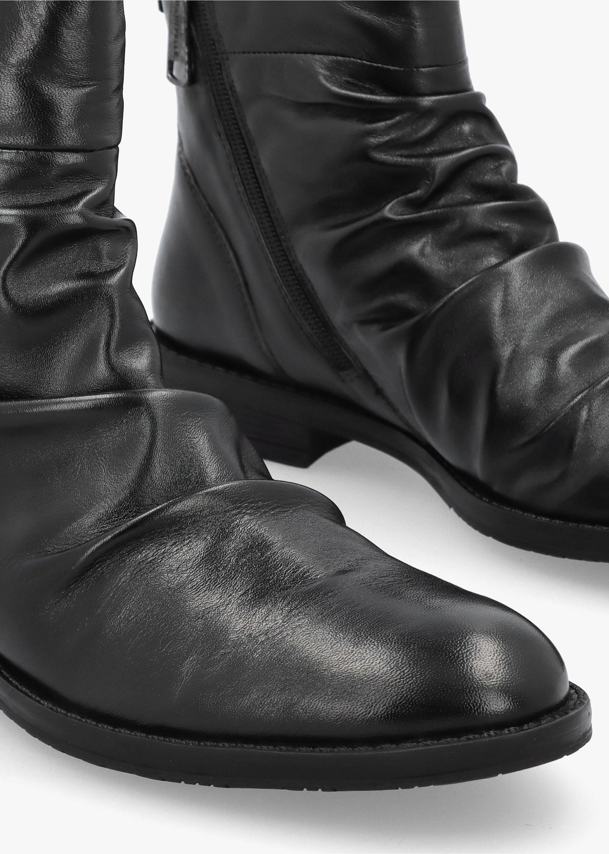 Brandish Black Leather Rouched Ankle Boots