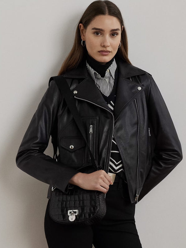 Embossed Tanner Medium Black Leather Cross-Body Bag