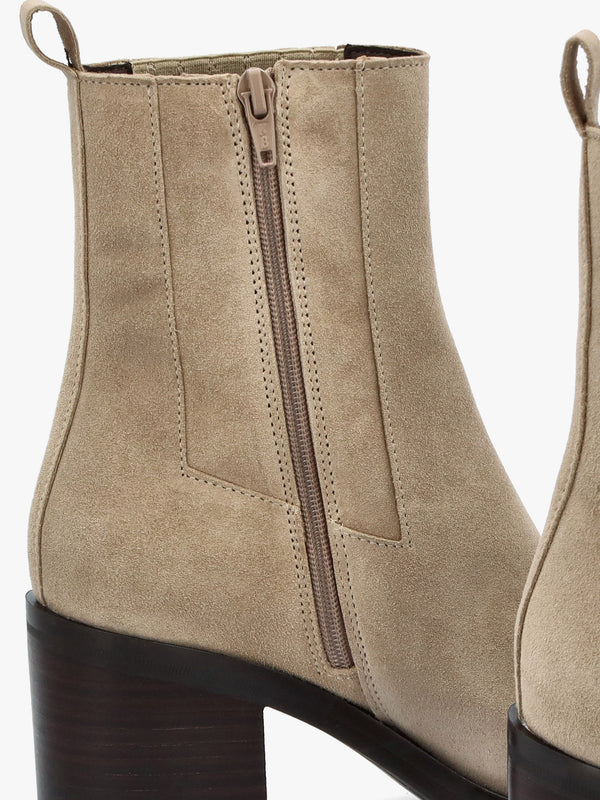 Adios Beige Suede Western Chelsea Mid-Heel Boots