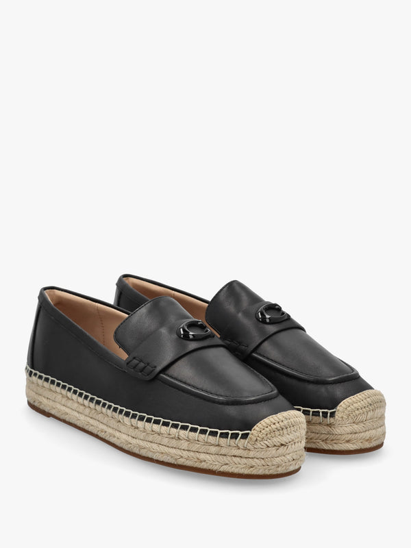 Camilla Black Leather Logo Flat Espadrilles
