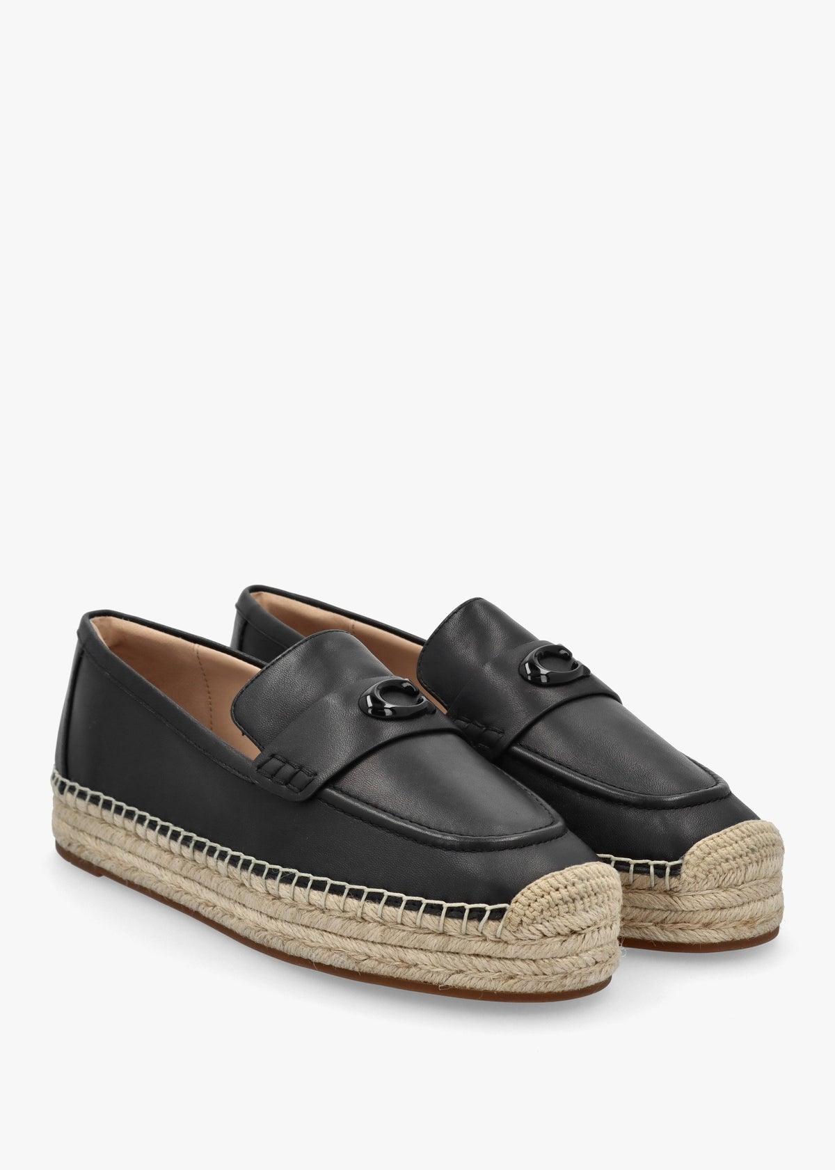 Camilla Black Leather Logo Flat Espadrilles