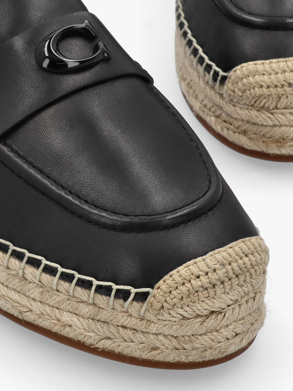 Camilla Black Leather Logo Flat Espadrilles