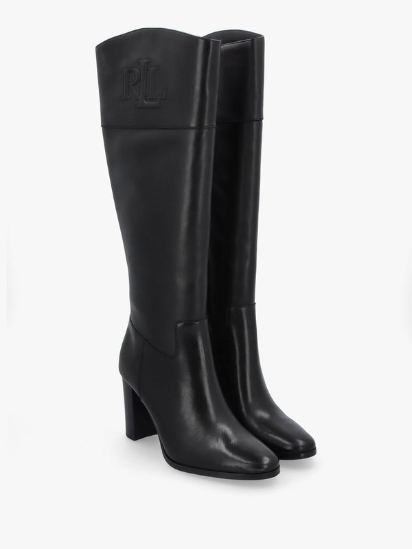 Page II Black Leather Block Heel Knee Boots