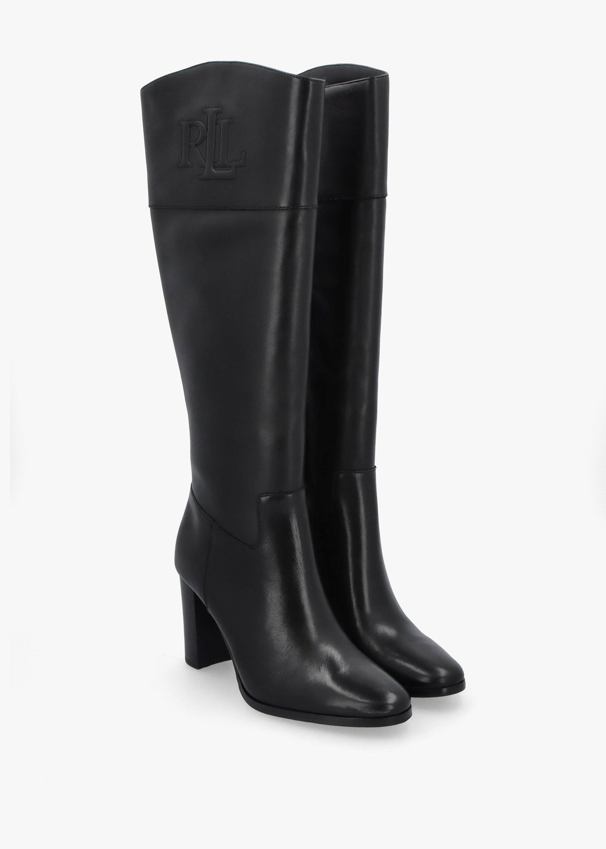 Page II Black Leather Block Heel Knee Boots