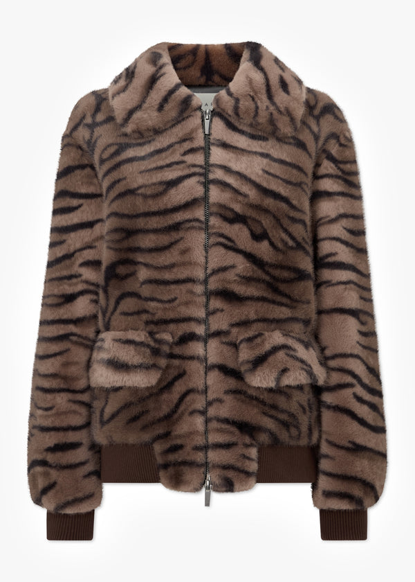 Ginger Brown Tiger Faux Fur Bomber Jackets