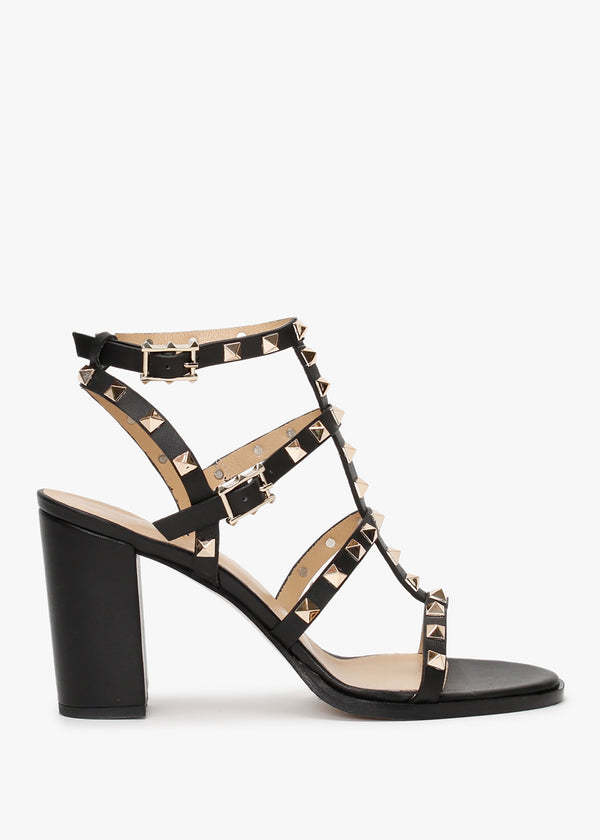 Pitter Black Leather Studded Block Heeled Sandals