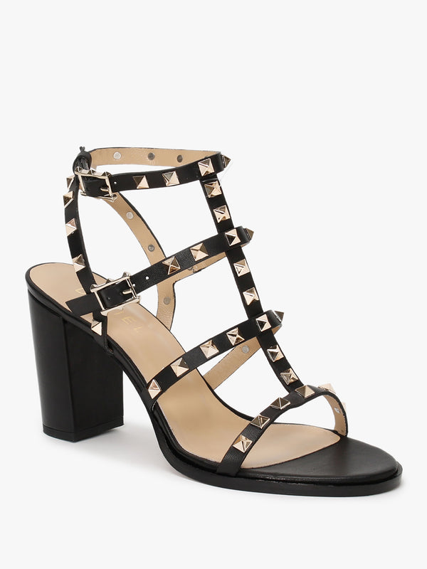 Pitter Black Leather Studded Block Heeled Sandals