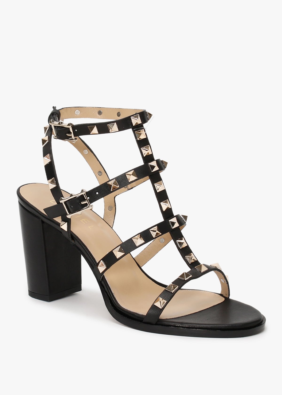 Pitter Black Leather Studded Block Heeled Sandals