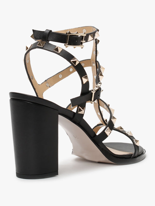 Pitter Black Leather Studded Block Heeled Sandals