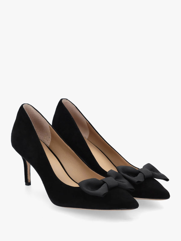 Lanette Bow Trim Black Suede Court Shoes