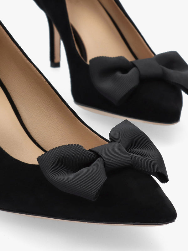 Lanette Bow Trim Black Suede Court Shoes