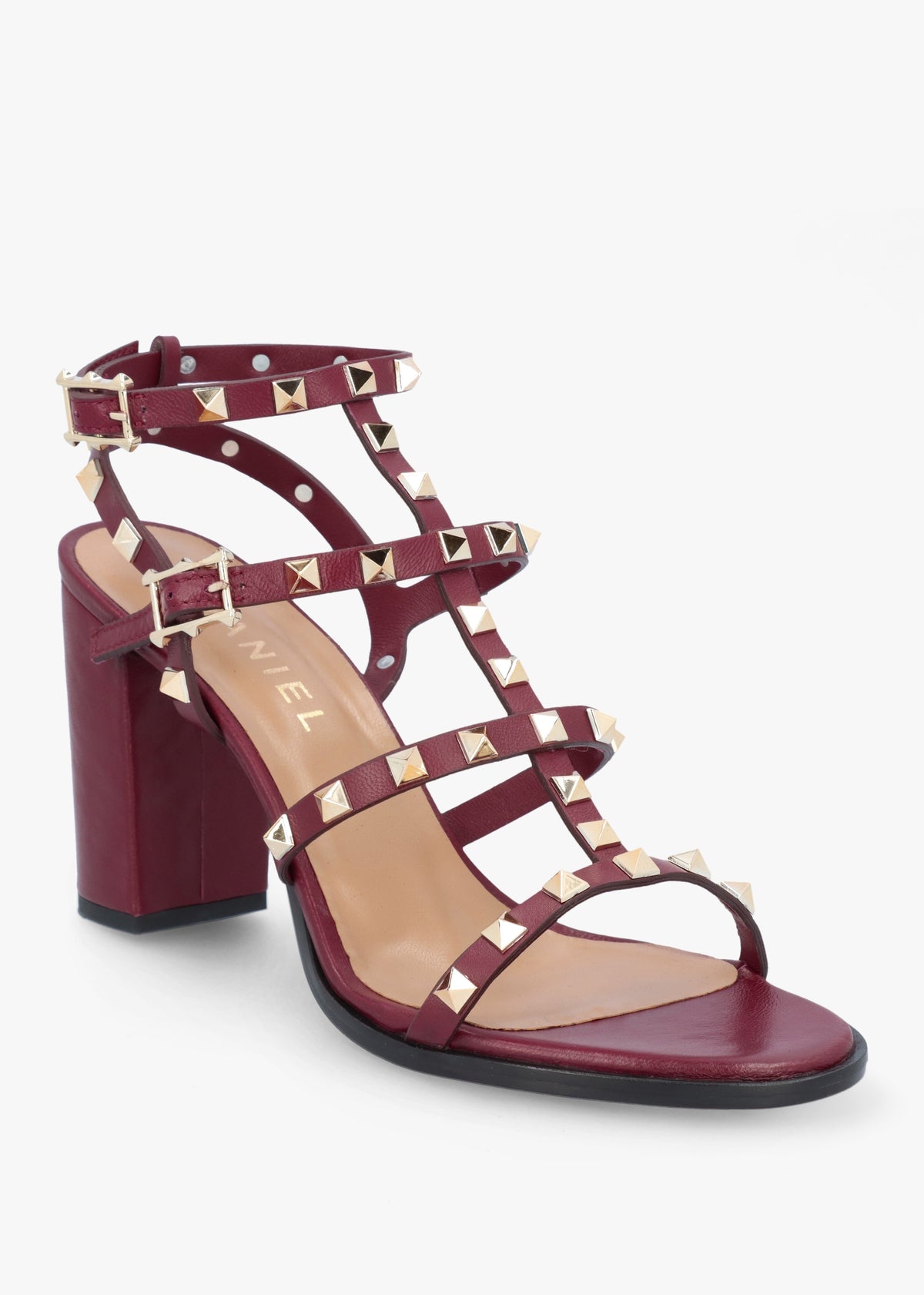 Pitter Burgundy Leather Studded Block Heeled Sandals