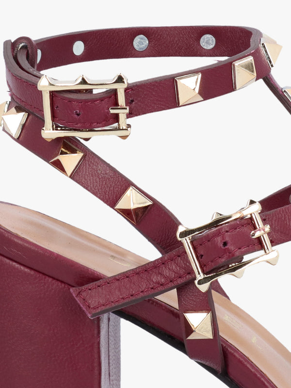 Pitter Burgundy Leather Studded Block Heeled Sandals
