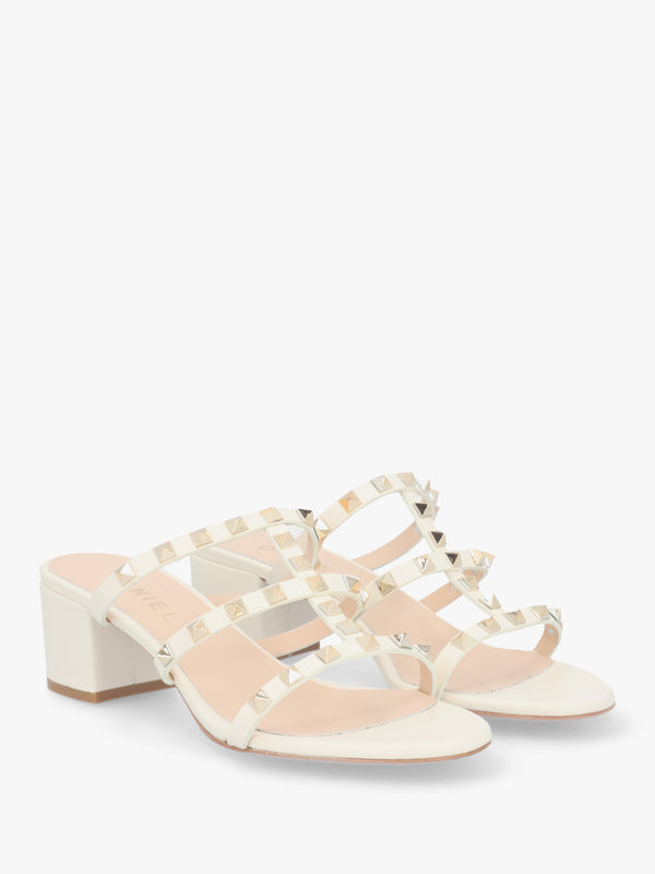 Studder Off White Leather Embellished Block Heeled Mules