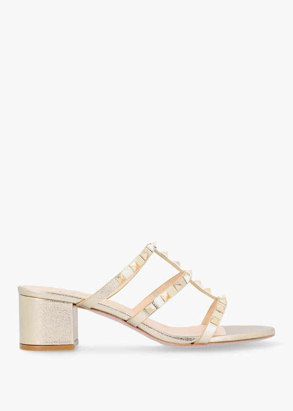 Studder Gold Leather Embellished Block Heeled Mules