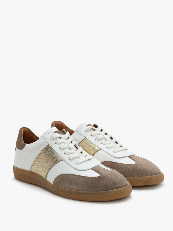 Stripe Taupe Leather & Suede Low Profile Trainers