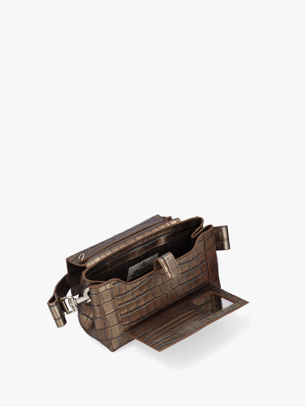 Medium Hazel Brown Embossed Croc Leather Shoulder Bag