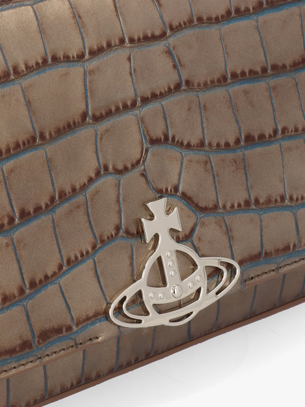 Medium Hazel Brown Embossed Croc Leather Shoulder Bag