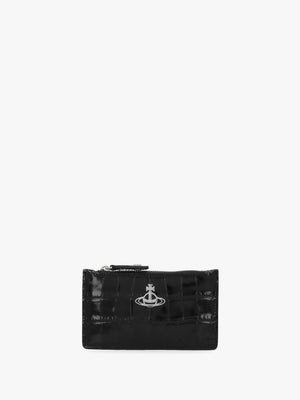 Slim Long Embossed Croc Black Leather Card Holder