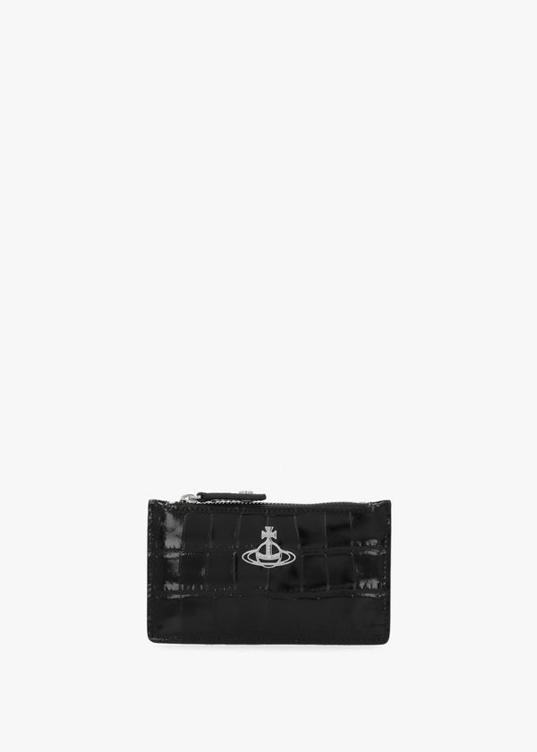 Slim Long Embossed Croc Black Leather Card Holder