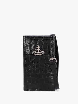 Black Embossed Croc Leather Phone Bag
