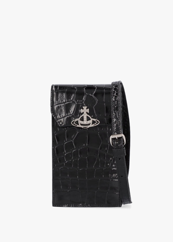 Black Embossed Croc Leather Phone Bag