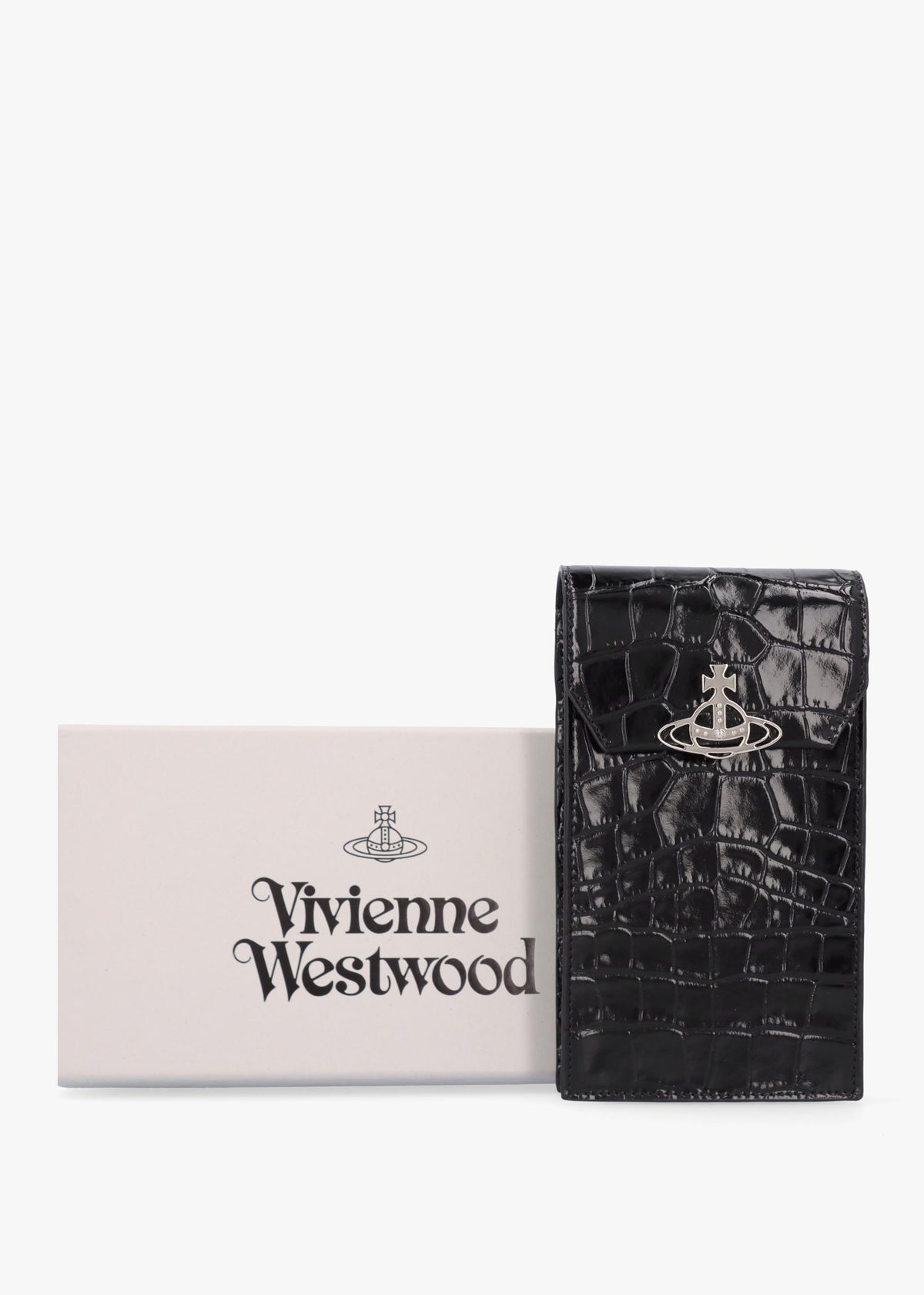 Black Embossed Croc Leather Phone Bag